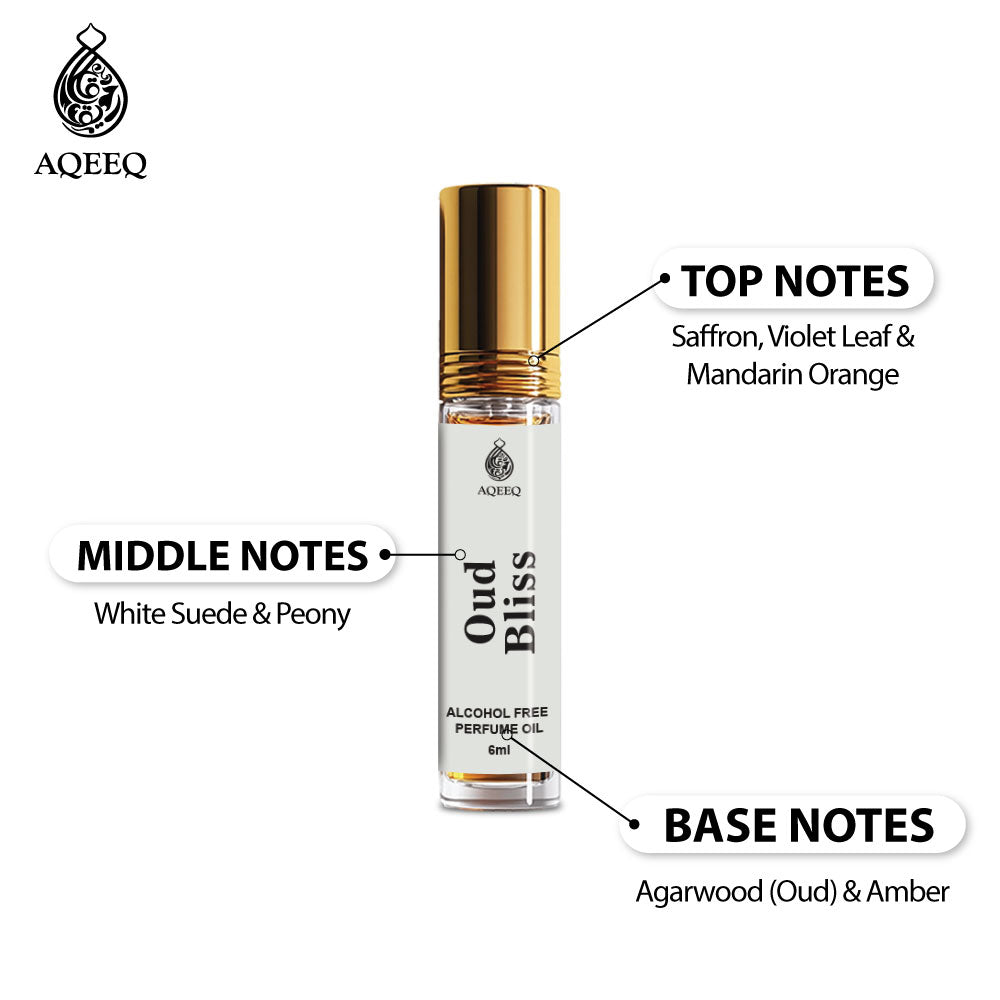 Aqeeq Oud Bliss Attar Roll On For Men & Women | Saffron Orange Agarwood Amber Scent | Long Lasting Unisex Attar | 6ml