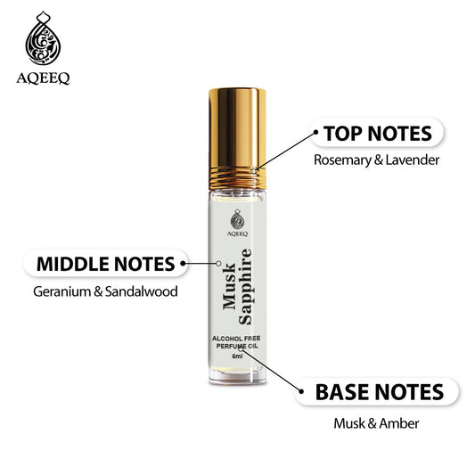 Aqeeq Musk Sapphire Long Lasting Unisex Attar | Oriental Arabian Attar For Men & Women | Fresh Musk Amber Notes | 6ml