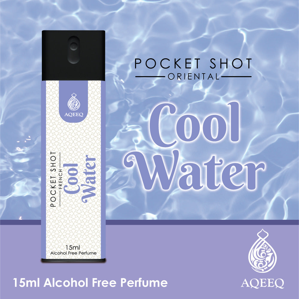 Aqeeq Cool Water Pocket Shot, 15ml | Premium Long Lasting Unisex Alcohol Free Perfume | Mint, Lavender, Jasmine & Musky Notes | Eau De Parfum |