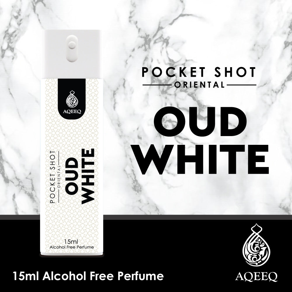 Aqeeq Oud White Pocket Shot, 15ml | Premium Long Lasting Unisex Alcohol Free Perfume | Lemon, Rose, Patchouli & Musky Notes | Eau De Parfum |