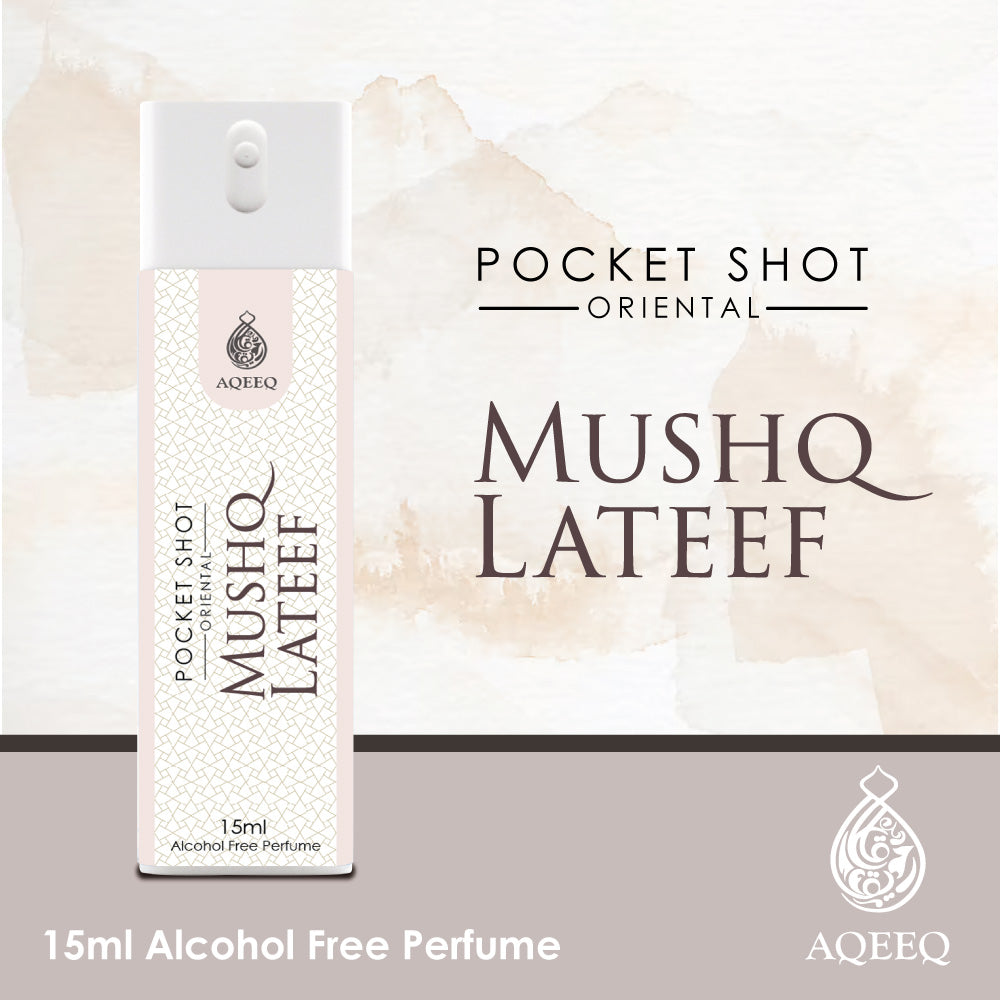 Aqeeq Mushq Lateef Pocket Shot, 15ml | Premium Long Lasting Unisex Alcohol Free Perfume | Floral, Violet, Sweet Powdery & Musky Notes | Eau De Parfum |