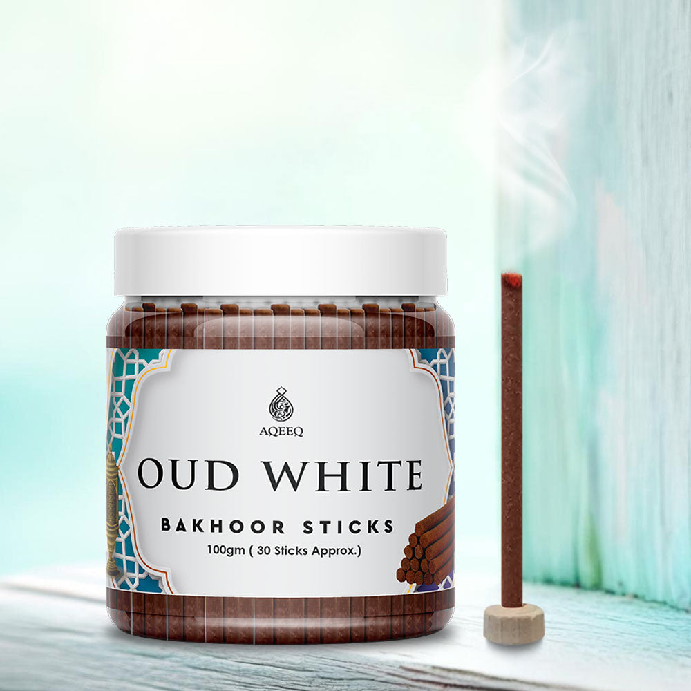 Aqeeq Oud White Premium Bakhoor Sticks | Musk, Amber, Agarwood Notes | Modern Arabian Aroma | Charcoal & Bamboo Free | Ideal for Daily Use | 100gms / 30 Sticks Approx. Stick Size - 8mm x 75mm |
