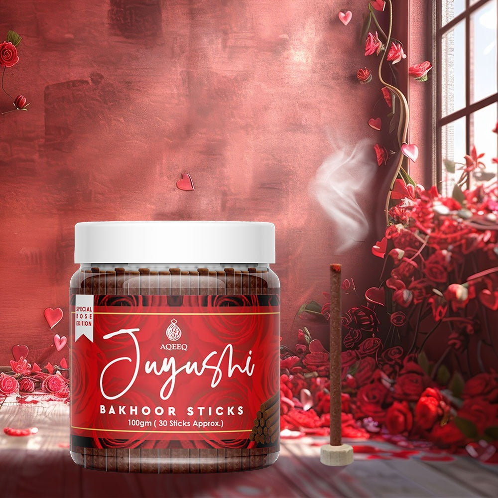 Aqeeq Juyushi Premium Bakhoor Sticks | Fragrance of Red Rose | Modern Arabian Aroma | Charcoal & Bamboo Free | Ideal for Daily Use | 100gms / 30 Sticks Approx. Stick Size - 8mm x 75mm |