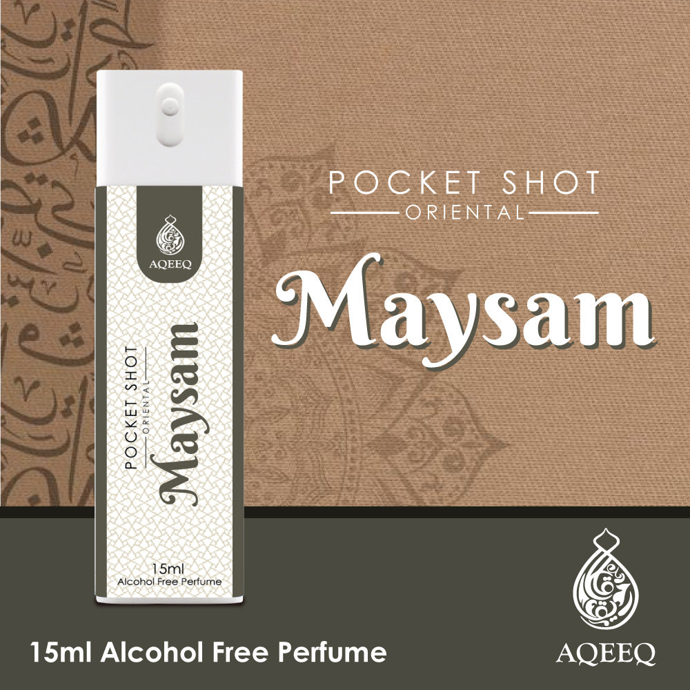 Aqeeq Maysam Pocket Shot, 15ml | Premium Long Lasting Unisex Alcohol Free Perfume | Woody, Powdery, Animalic & Leathery Notes | Eau De Parfum |
