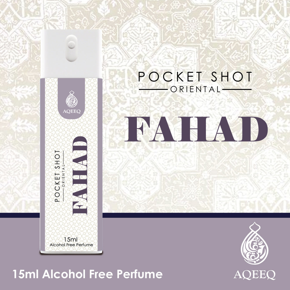 Aqeeq Fahad Pocket Shot, 15ml | Premium Long Lasting Unisex Alcohol Free Perfume | Fresh, Spicy, Woody & Oud Notes | Eau De Parfum |