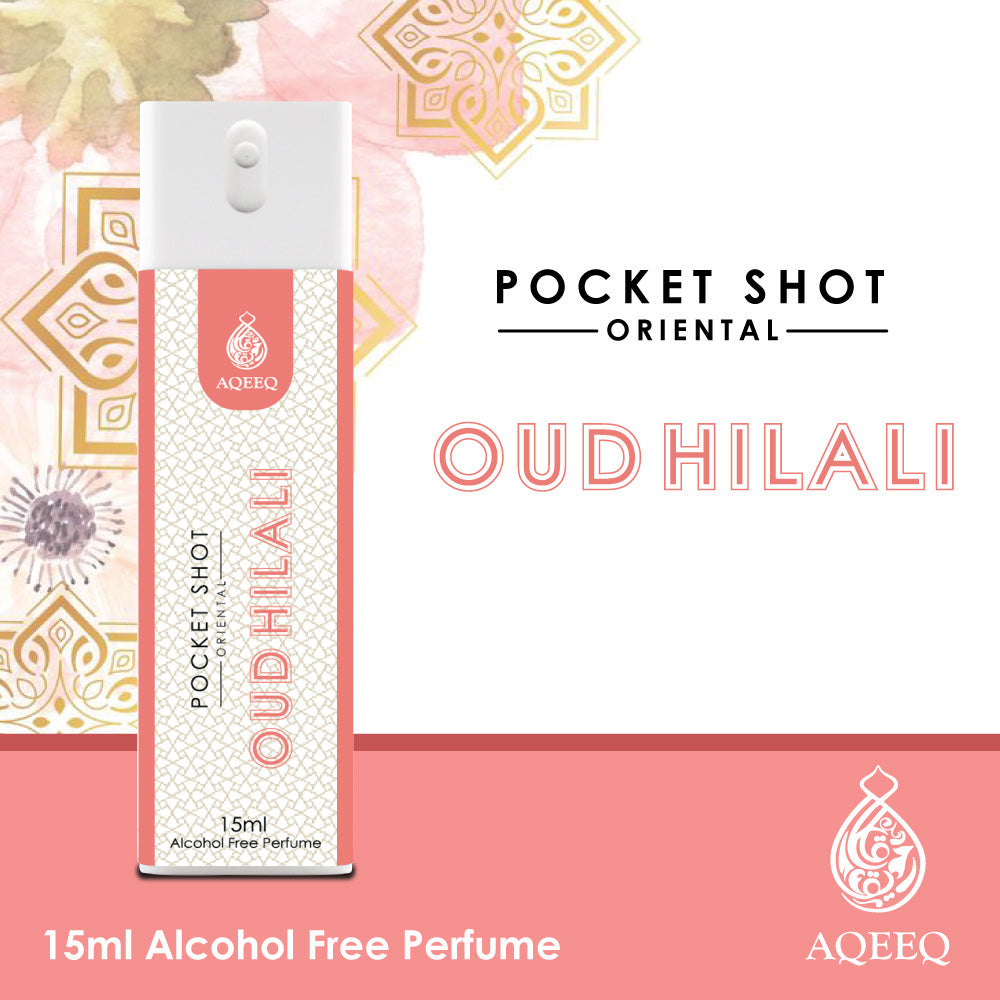 Aqeeq Oud Hilali Pocket Shot, 15ml | Premium Long Lasting Unisex Alcohol Free Perfume | Honey, Rose, Saffron & Ambery Notes | Eau De Parfum |