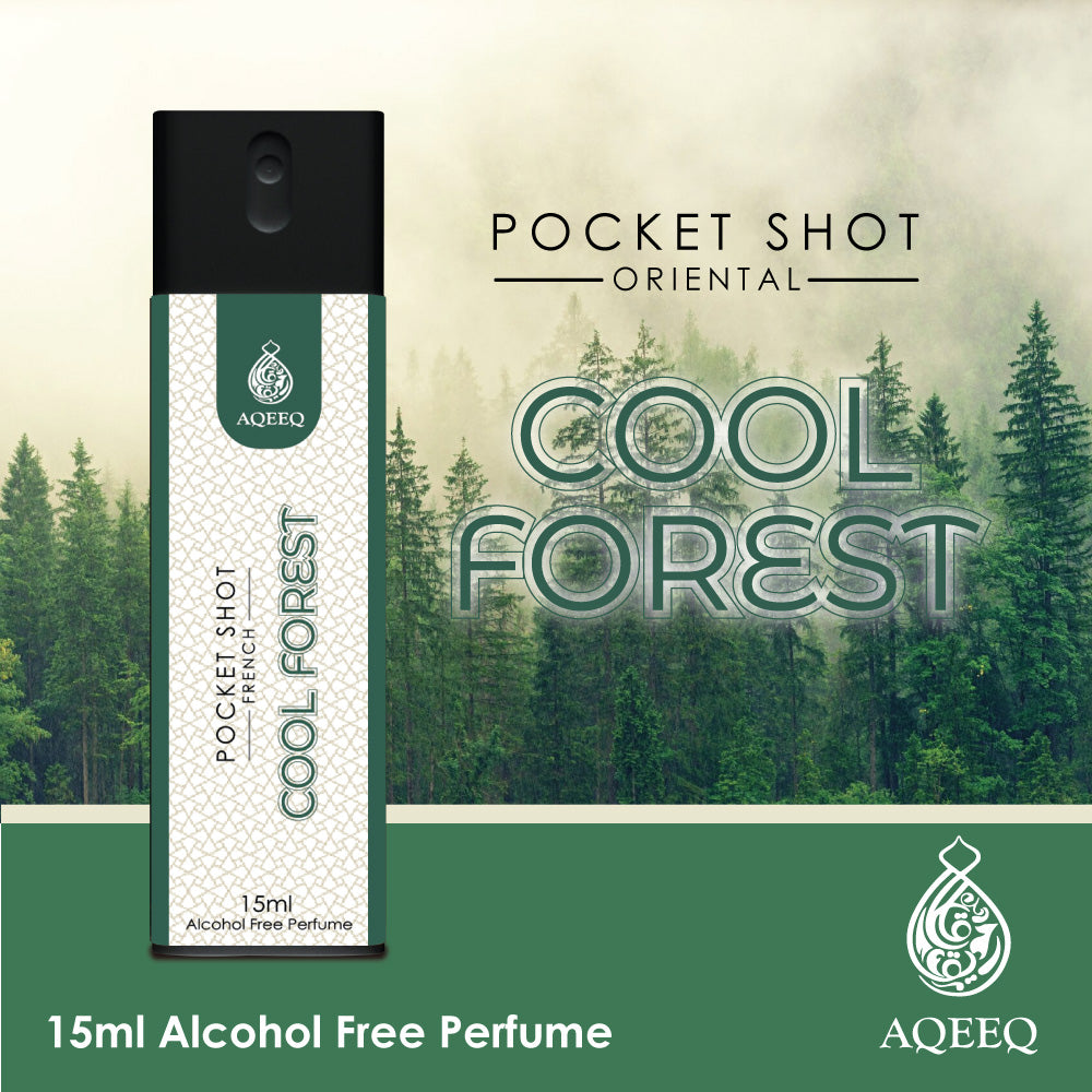 Aqeeq Cool Forest Pocket Shot, 15ml | Premium Long Lasting Unisex Alcohol Free Perfume | Fresh, Floral & Woody Notes | Eau De Parfum |