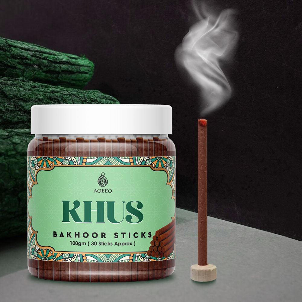 Aqeeq Khus Premium Bakhoor Sticks | Vetiver, Patchouli, Sandalwood Notes | Modern Arabian Aroma | Charcoal & Bamboo Free | Ideal for Daily Use | 100gms/30 Sticks Approx. Stick Size - 8mm x 75mm |