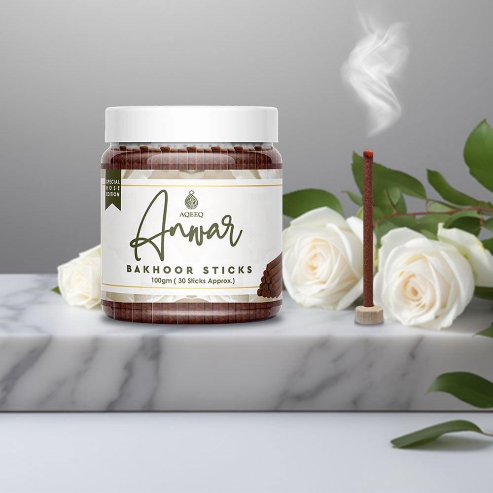 Aqeeq Anwar Premium Bakhoor Sticks | Fragrance of White Rose | Modern Arabian Aroma | Charcoal & Bamboo Free | Ideal for Daily Use | 100gms / 30 Sticks Approx. Stick Size - 8mm x 75mm |