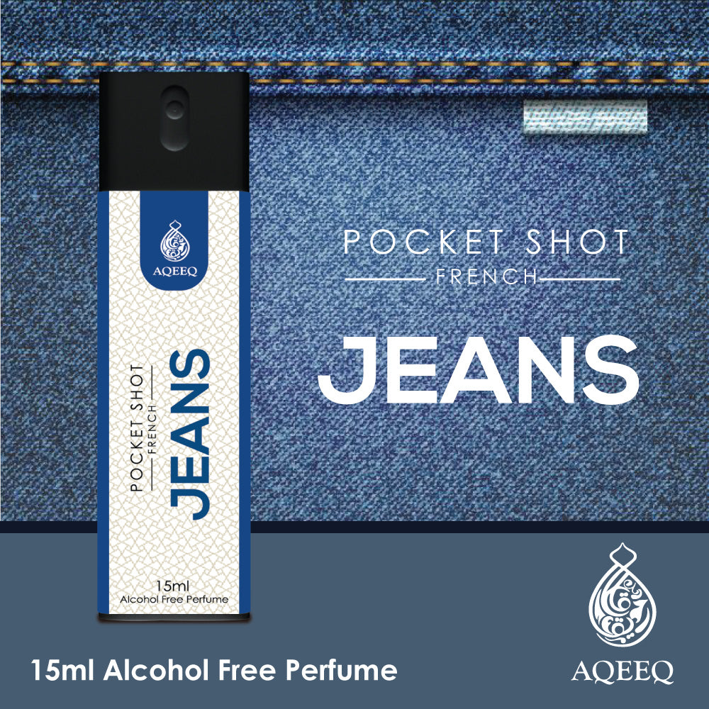 Aqeeq Jeans Pocket Shot, 15ml | Premium Long Lasting Unisex Alcohol Free Perfume | Citrus, Rose, Vanilla & Ambery Notes | Eau De Parfum |