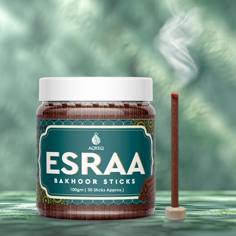 Aqeeq Esraa Premium Bakhoor Sticks | Mint, Rose, Sandalwood, Saffron, Oud Notes | Modern Arabian Aroma | Charcoal & Bamboo Free | Ideal for Daily Use | 100gms/30 Sticks Approx. Stick Size - 8mm x 75mm |