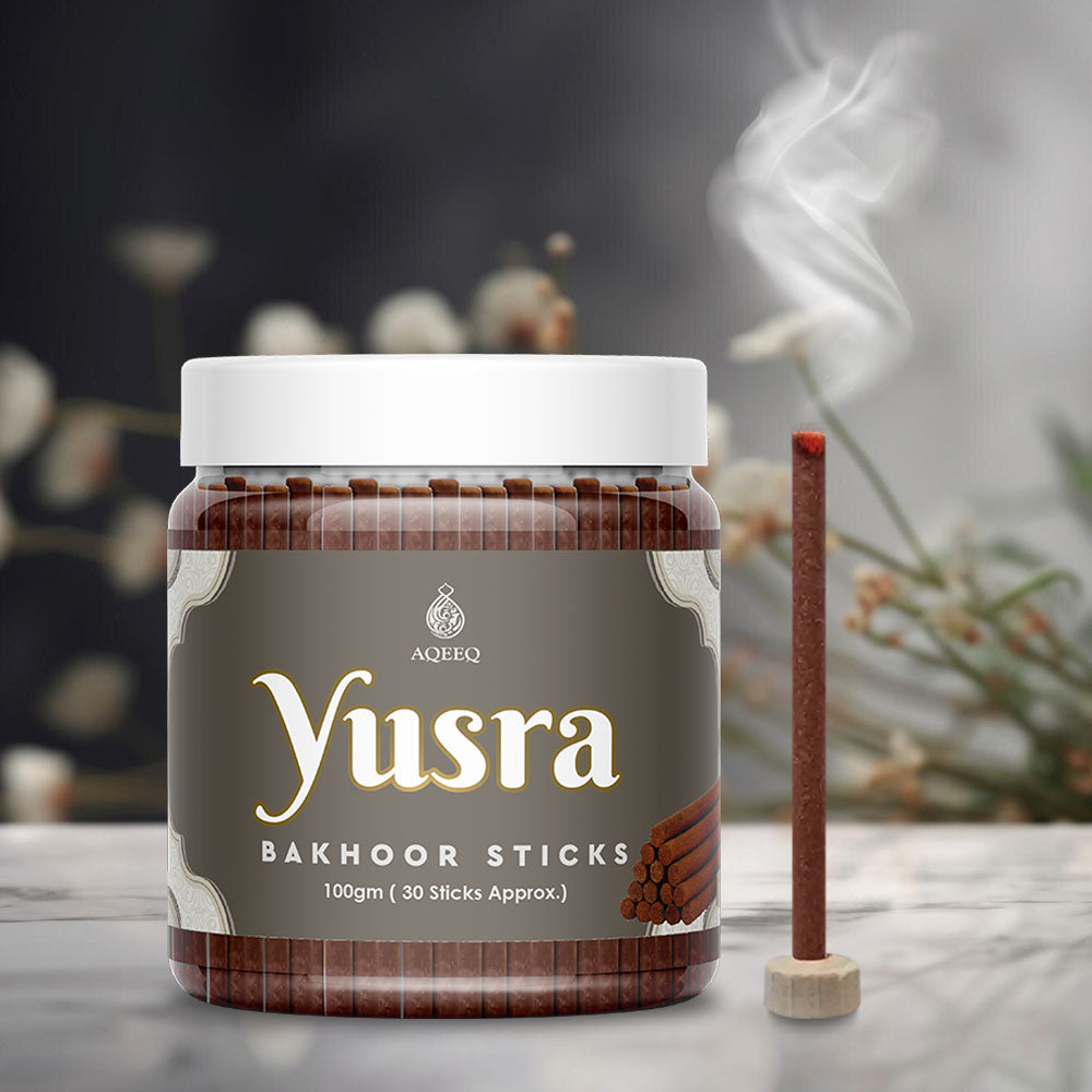 Aqeeq Yusra Premium Bakhoor Sticks | Saffron, Sandalwood, Myrhh Notes | Modern Arabian Aroma | Charcoal & Bamboo Free | Ideal for Daily Use | 100gms / 30 Sticks Approx. Stick Size - 8mm x 75mm |