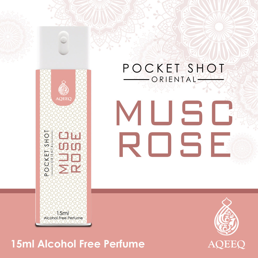 Aqeeq Musc Rose Pocket Shot, 15ml | Premium Long Lasting Unisex Alcohol Free Perfume | Freesia, Rose, Water Lily & Musky Notes | Eau De Parfum |