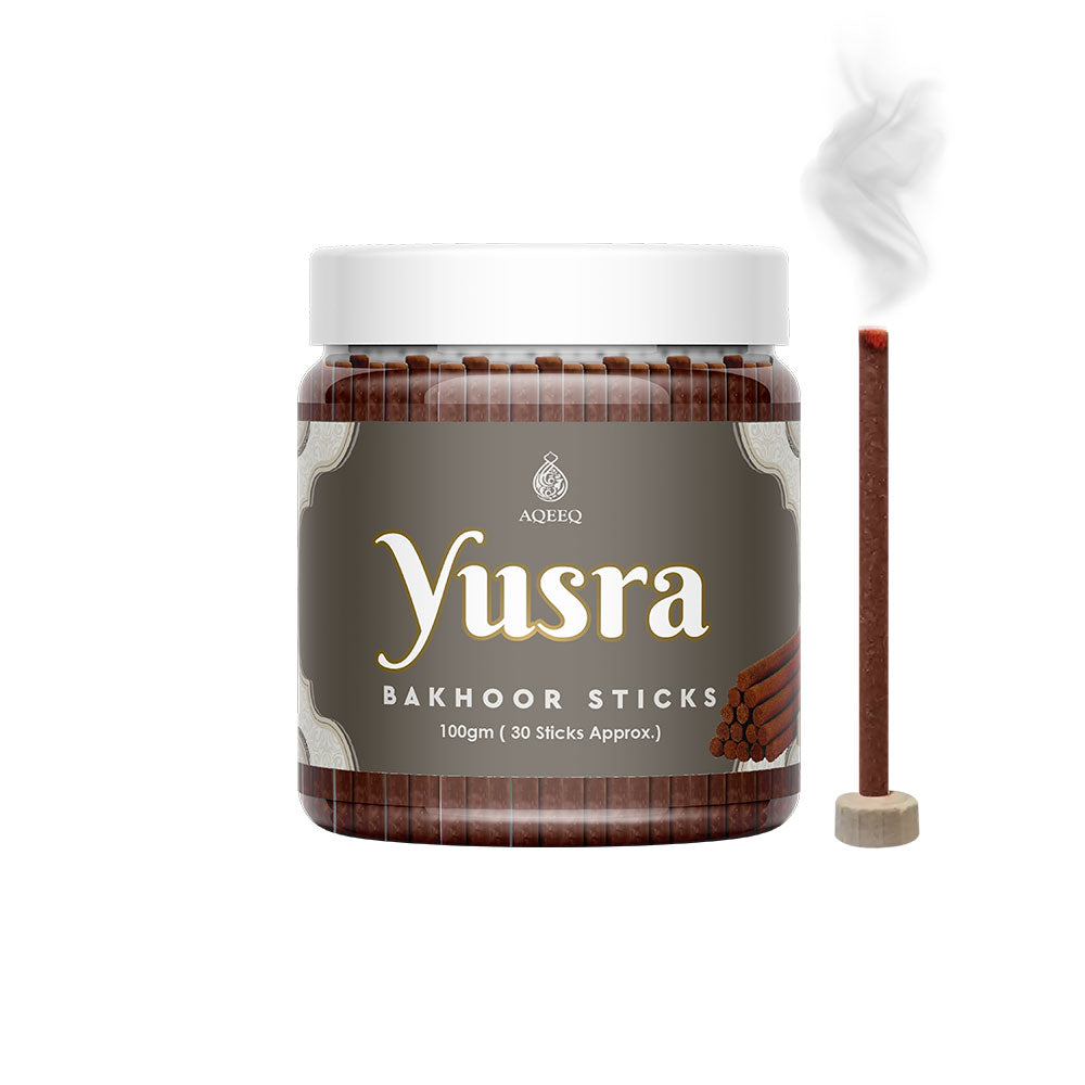 Aqeeq Yusra Premium Bakhoor Sticks | Saffron, Sandalwood, Myrhh Notes | Modern Arabian Aroma | Charcoal & Bamboo Free | Ideal for Daily Use | 100gms / 30 Sticks Approx. Stick Size - 8mm x 75mm |