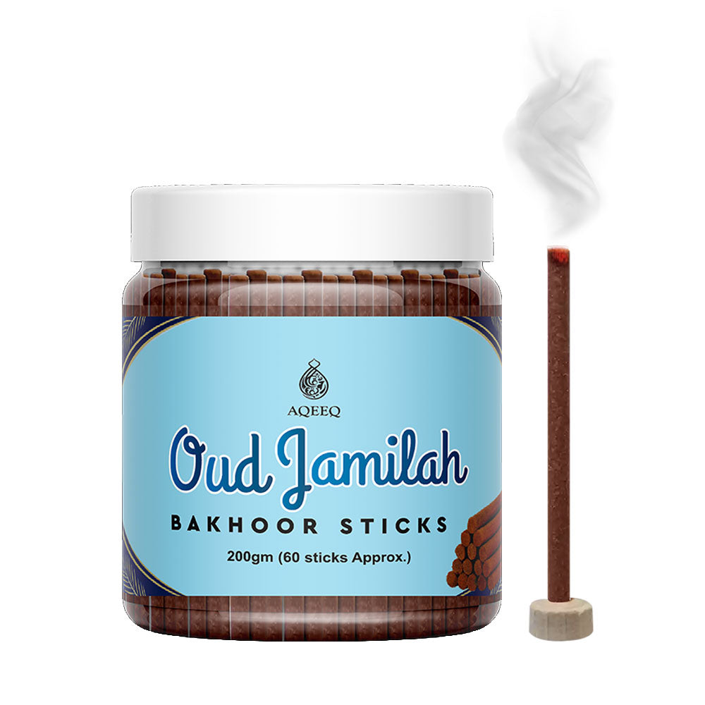 Aqeeq Oud Jamilah Premium Bakhoor Sticks | Arabian Oud Incense | Charcoal & Bamboo Free | Ideal for Daily Use | Stick Size - 8mm x 75mm