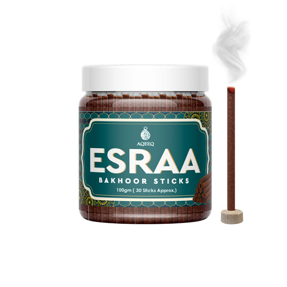 Aqeeq Esraa Premium Bakhoor Sticks | Mint, Rose, Sandalwood, Saffron, Oud Notes | Modern Arabian Aroma | Charcoal & Bamboo Free | Ideal for Daily Use | 100gms/30 Sticks Approx. Stick Size - 8mm x 75mm |
