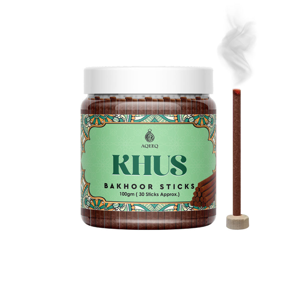 Aqeeq Khus Premium Bakhoor Sticks | Vetiver, Patchouli, Sandalwood Notes | Modern Arabian Aroma | Charcoal & Bamboo Free | Ideal for Daily Use | 100gms/30 Sticks Approx. Stick Size - 8mm x 75mm |