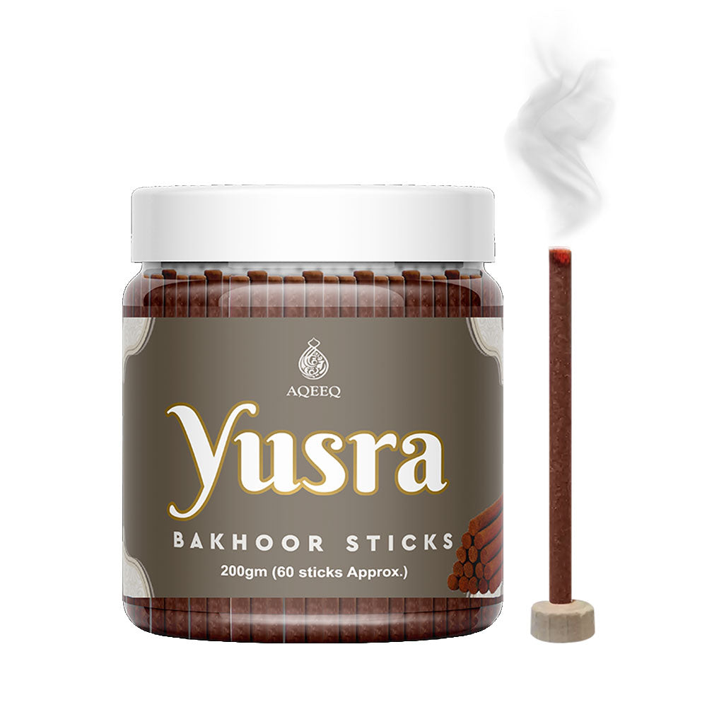 Aqeeq Yusra Premium Bakhoor Sticks | Modern Arabian Incense Sticks | Charcoal & Bamboo Free | Ideal for Daily Use | Stick Size - 8mm x 75mm