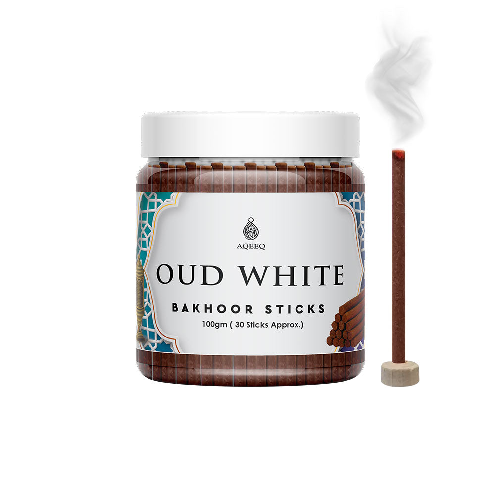 Aqeeq Oud White Premium Bakhoor Sticks | Musk, Amber, Agarwood Notes | Modern Arabian Aroma | Charcoal & Bamboo Free | Ideal for Daily Use | 100gms / 30 Sticks Approx. Stick Size - 8mm x 75mm |