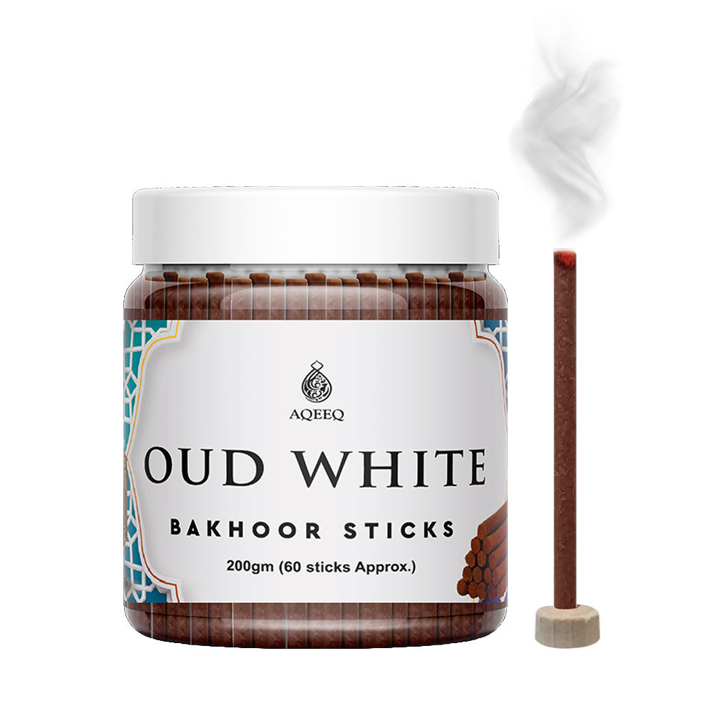 Aqeeq Oud White Premium Bakhoor Stick | Modern Arabian Incense | Charcoal & Bamboo Free | Ideal for Daily Use | Stick Size - 8mm x 75mm