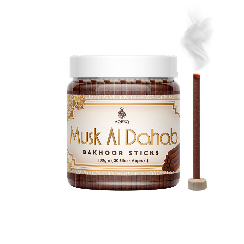 Aqeeq Musk Al Dahab Premium Bakhoor Sticks | Sweet, Floral, Woody Notes | Modern Arabian Aroma | Charcoal & Bamboo Free | Ideal for Daily Use | 100gms / 30 Sticks Approx. Stick Size - 8mm x 75mm |