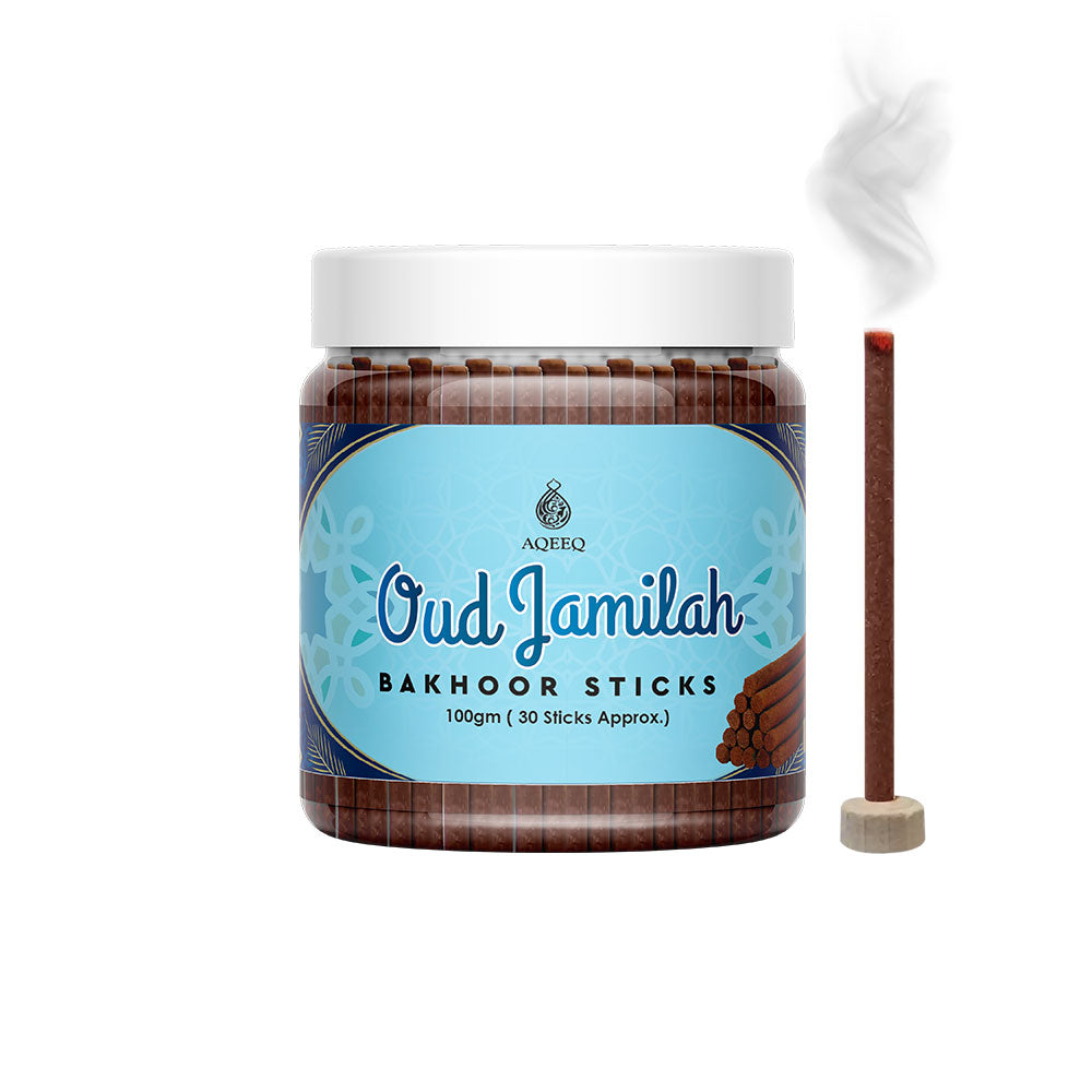 Aqeeq Oud Jamilah Premium Bakhoor Sticks | Rose, Amber, Oud, Musk Notes | Modern Arabian Aroma | Charcoal & Bamboo Free | Ideal for Daily Use | 100gms/30 Sticks Approx. Stick Size - 8mm x 75mm |