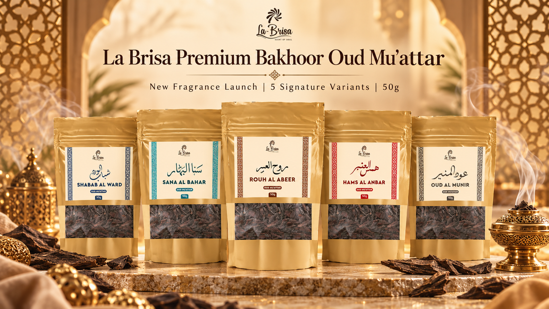 La Brisa Premium Bakhoor Oud Muattar 50g collection featuring Shabab Al Ward, Sana Al Bahar, Rouh Al Abeer, Hams Al Anbar and Oud Al Munir