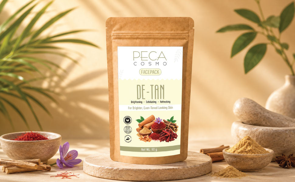 Peca Cosmo De-Tan Face Pack 50 g pouch with sandalwood and saffron styling