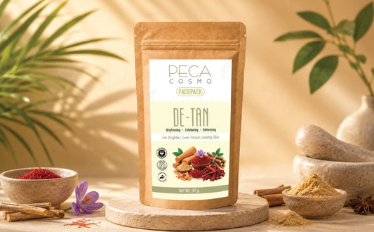 Peca Cosmo De-Tan Face Pack 50 g pouch with sandalwood and saffron styling