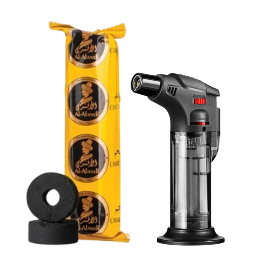 Windproof Jet Flame Gas Lighter & Quick-Light Charcoal Tablets Combo for Bakhoor & Incense | Combo Pack