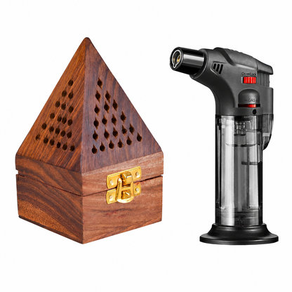 Wooden Pyramid Shape Bakhoor Burner & Refillable Windproof Jet Flame Lighter (Multi-Colour) - COMBO PACK