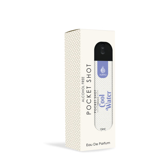 Aqeeq Cool Water Pocket Shot, 15ml | Premium Long Lasting Unisex Alcohol Free Perfume | Mint, Lavender, Jasmine & Musky Notes | Eau De Parfum |
