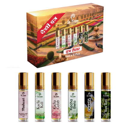 La Brisa Desi Attar Combo Pack 6 in 1 | Champa, Kacha Bela, Kacha Gulab, Kachi Kali, Phulwari & Raat Rani | Alcohol Free Attar | 6ml X 6pcs