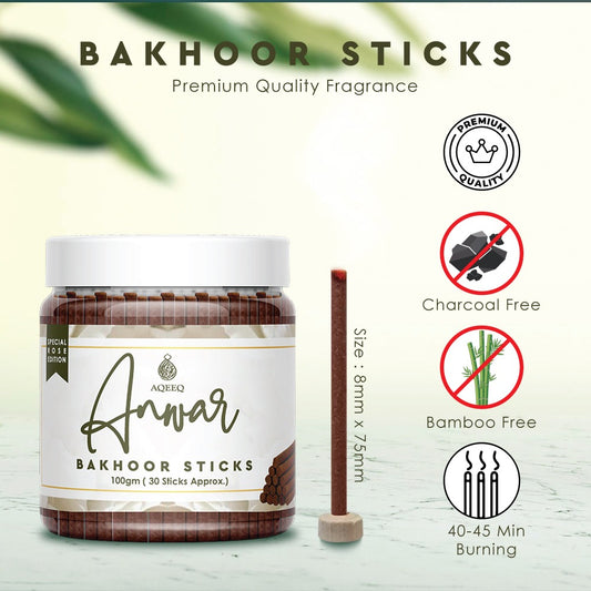 Aqeeq Anwar Premium Bakhoor Sticks | Fragrance of White Rose | Modern Arabian Aroma | Charcoal & Bamboo Free | Ideal for Daily Use | 100gms / 30 Sticks Approx. Stick Size - 8mm x 75mm |
