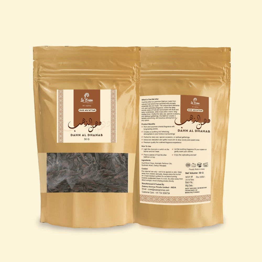 La Brisa Dahn Al Dhahab Oud Muatter | Rose Saffron Woody Arabian Bakhoor Incense | Oud Wood Chips | 50gms