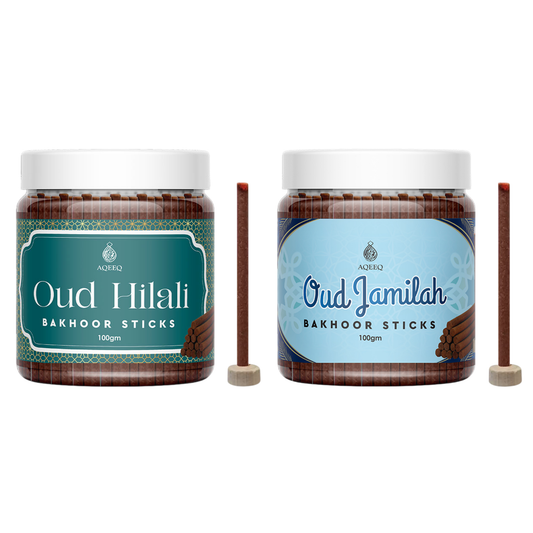 Aqeeq Oud Hilali & Oud Jamilah Premium Bakhoor Sticks - COMBO | 100gms Jar Pack | 25-30 Sticks Approx.