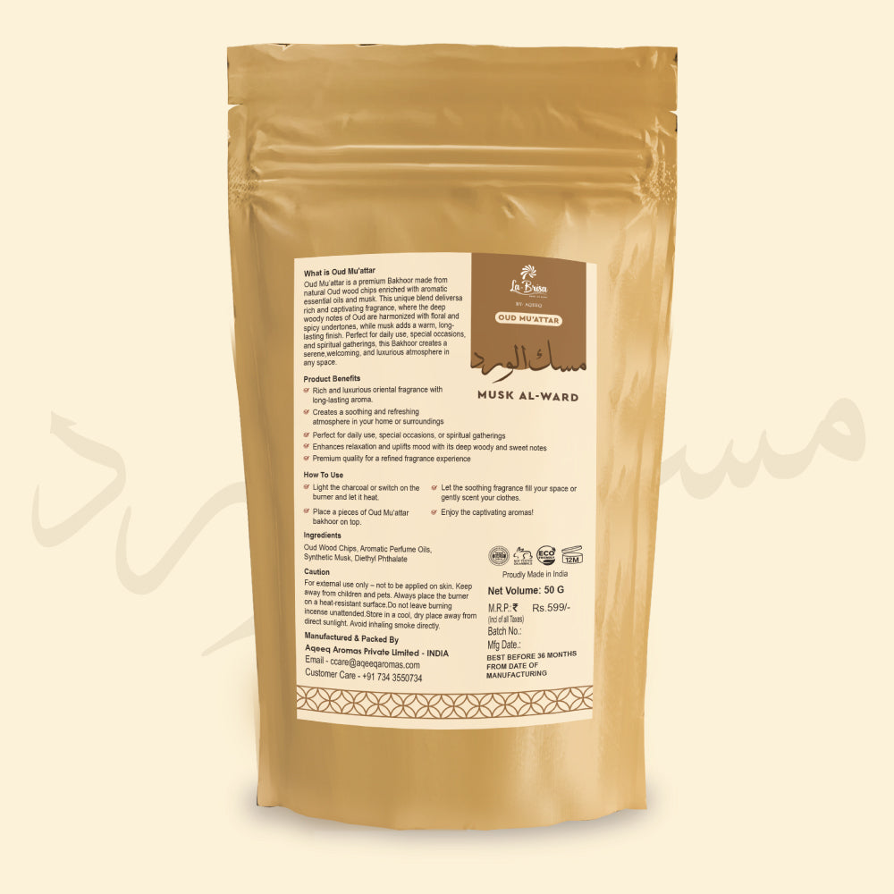 La Brisa Musk Al Ward Bakhoor Oud Muattar | Rose Musk Woody Fragrance | Arabian Oud Wood Chips | 50gms