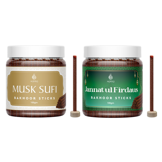 Aqeeq Musk Sufi & Jannatul Firdaus Premium Bakhoor Sticks - COMBO | 100gms Jar Pack | 25-30 Sticks Approx.