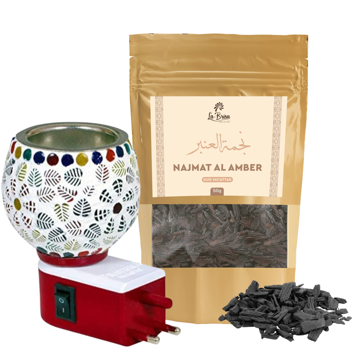 La Brisa Najmat Al Amber Bakhoor Oud Muattar | Fresh Floral Musk Amber Arabic Bakhoor Incense | Oud Wood Chips | 50gms