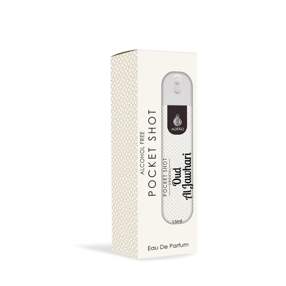 Aqeeq Oud Al Jawhari Pocket Shot, 15ml | Premium Long Lasting Unisex Alcohol Free Perfume | Spicy, Agarwood, Leathery & Musky Notes | Eau De Parfum |