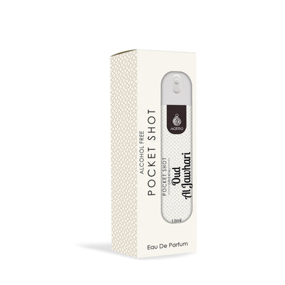 Aqeeq Oud Al Jawhari Pocket Shot, 15ml | Premium Long Lasting Unisex Alcohol Free Perfume | Spicy, Agarwood, Leathery & Musky Notes | Eau De Parfum |