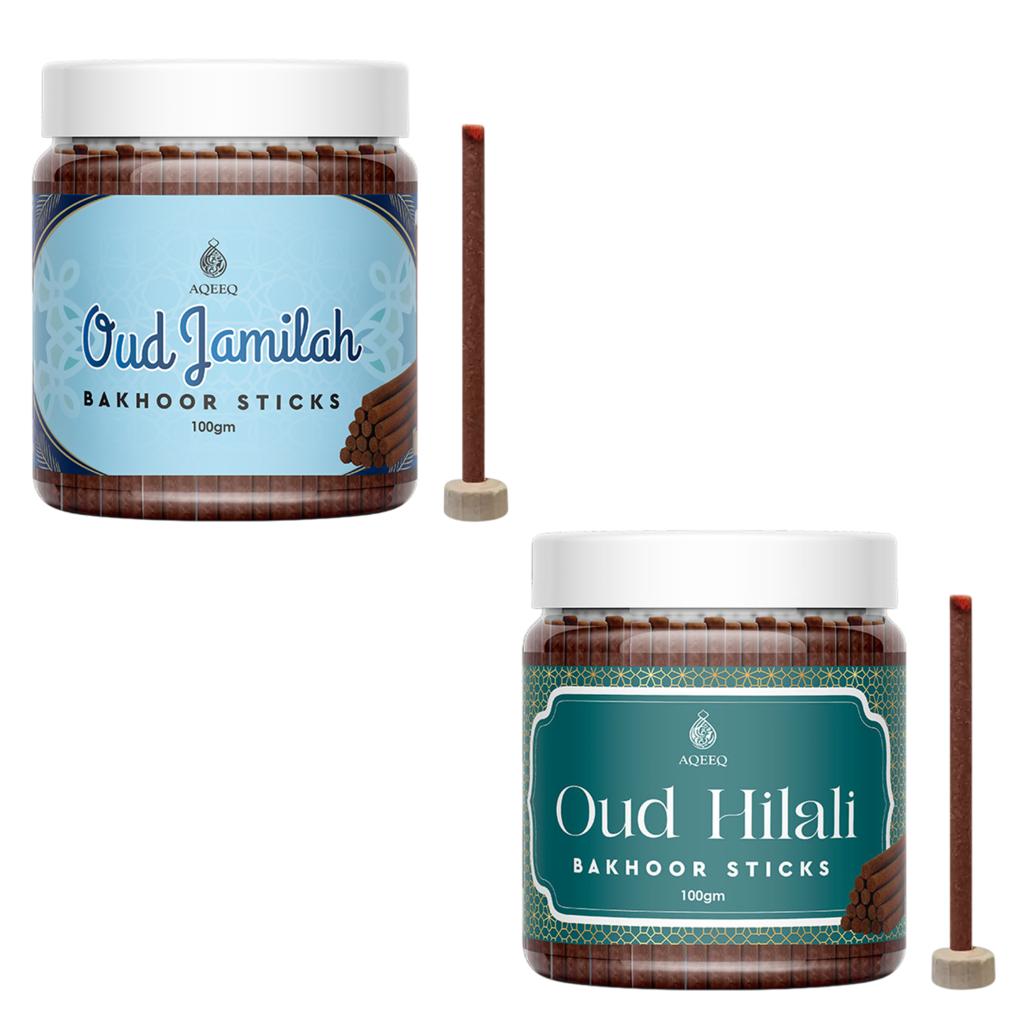 Aqeeq Oud Hilali & Oud Jamilah Premium Bakhoor Sticks - COMBO | 100gms Jar Pack | 25-30 Sticks Approx.