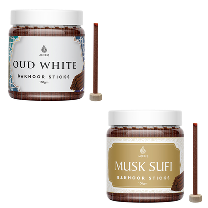 Aqeeq Oud White & Musk Sufi Premium Bakhoor sticks - COMBO | 100gms Jar Pack | 25-30 Sticks Approx.