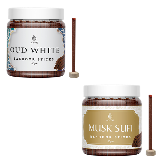 Aqeeq Oud White & Musk Sufi Premium Bakhoor sticks - COMBO | 100gms Jar Pack | 25-30 Sticks Approx.