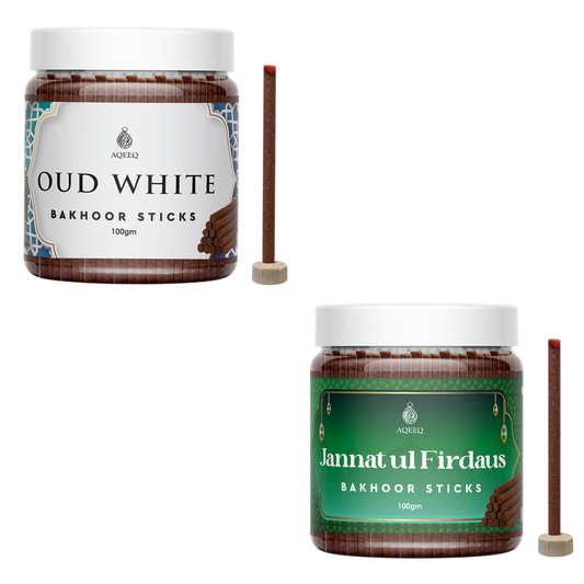 Aqeeq Oud White & Jannatul Firdaus Premium Bakhoor Sticks - COMBO | 100gms Jar Pack (25-30 Sticks Approx.)