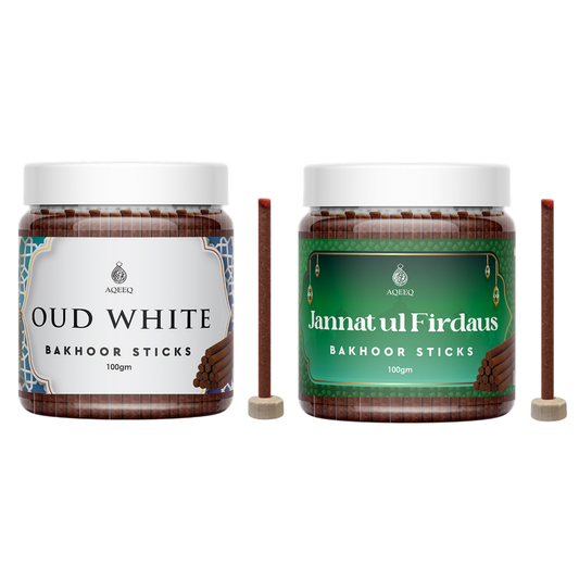 Aqeeq Oud White & Jannatul Firdaus Premium Bakhoor Sticks - COMBO | 100gms Jar Pack (25-30 Sticks Approx.)
