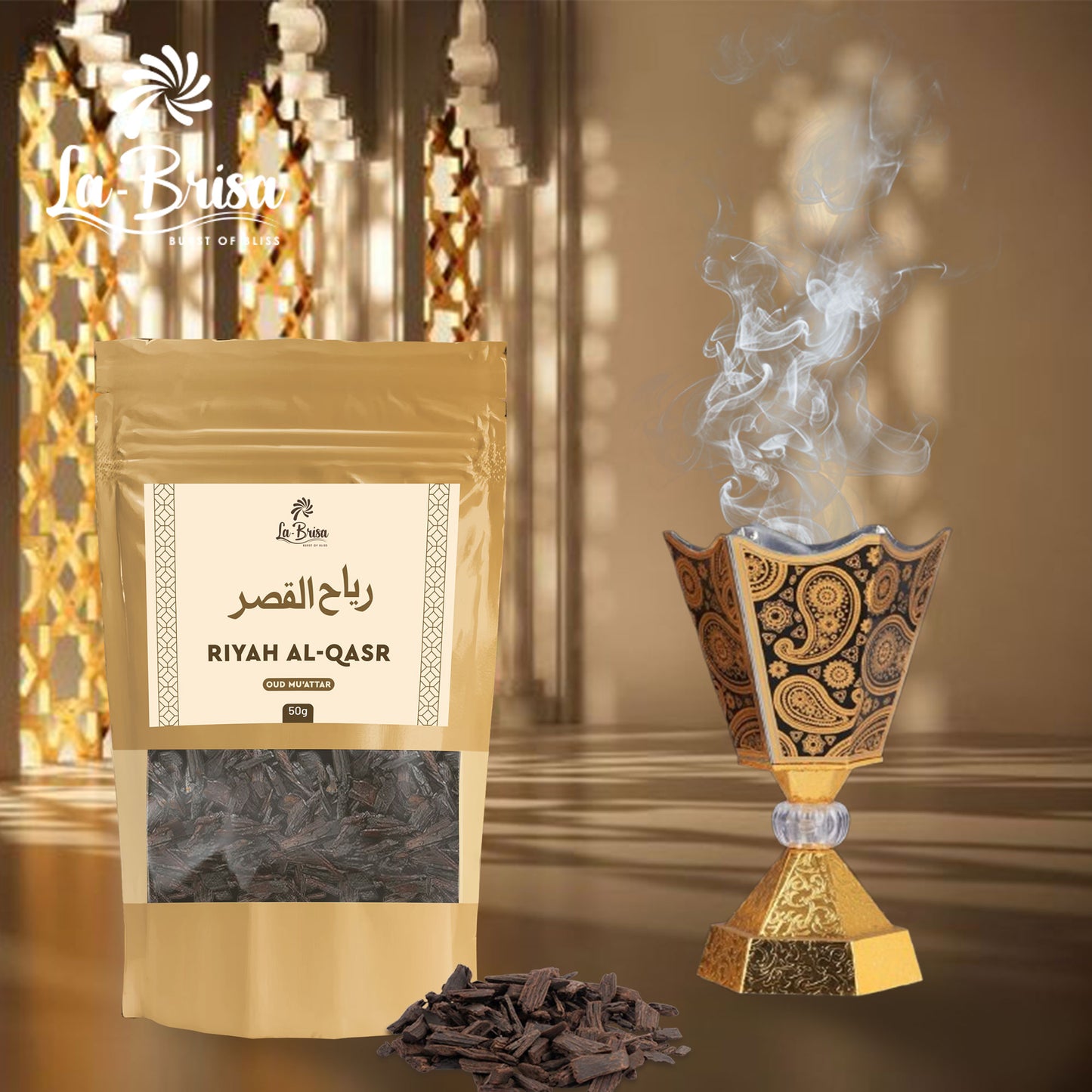 La Brisa Riyah Al Qasr Bakhoor Oud Muattar | Fresh Spicy Floral Woody Aroma | Arabian Incense For Home | 50gms