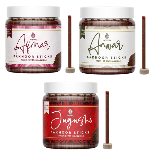 Aqeeq Special Rose Edition – Premium Arabian Bakhoor Sticks Combo | Anwar, Aqmar & Juyushi | 3 × 100g