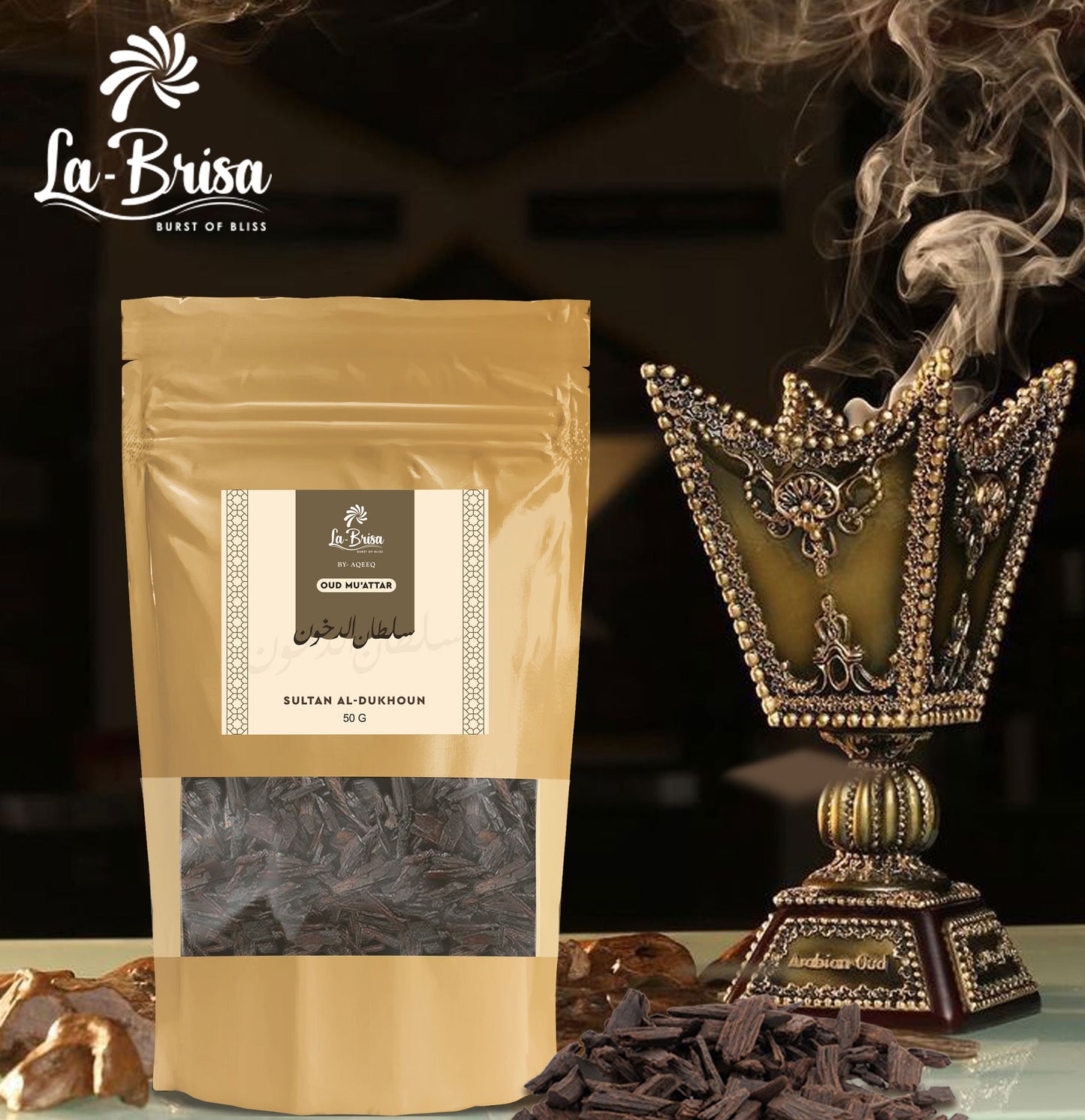 La Brisa Sultan Al-Dukhoun Bakhoor Oud Muattar | Smoky Spicy Floral Musk Aroma | Arabic Oud Wood Chips |  50gms