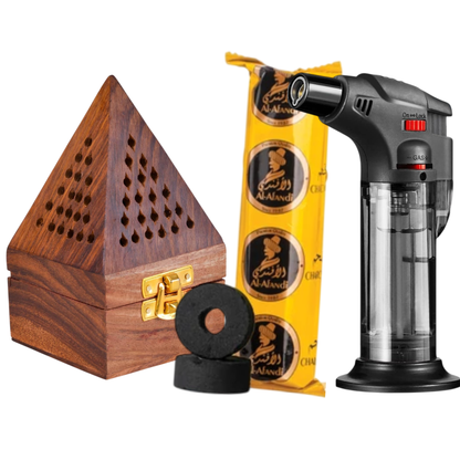 Wooden Pyramid Bakhoor Burner Combo with Windproof Jet Flame Lighter & Quick Light Charcoal